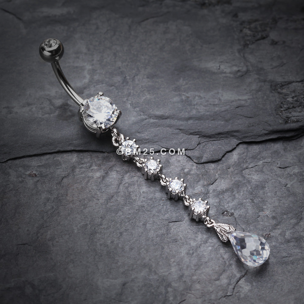 Detail View 2 of Opulent Crystalline Droplets Belly Button Ring -Clear Gem