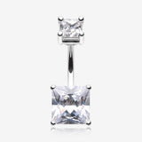 Classic Square Prong Set Gem Belly Button Ring-Clear Gem