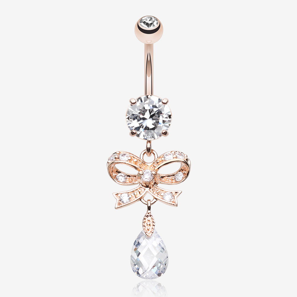 Rose Gold Romantic Bow-Tie Belly Button Ring-Clear Gem