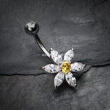 Detail View 2 of Glistening Flower Bliss Non Dangle Belly Button Ring-Clear Gem/Yellow