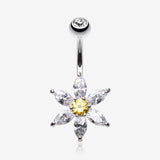 Glistening Flower Bliss Non Dangle Belly Button Ring-Clear Gem/Yellow