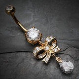 Detail View 2 of Golden Romantic Gem Bow-Tie Belly Button Ring-Clear Gem
