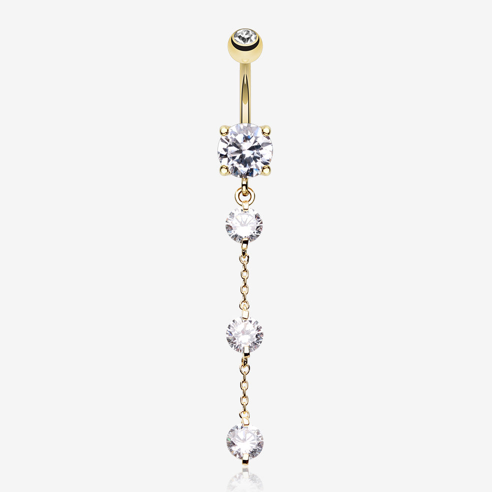Golden Triple Crystal Droplets Belly Button Ring-Clear Gem