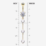 Detail View 1 of Golden Triple Crystal Droplets Belly Button Ring-Clear Gem