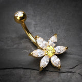 Detail View 2 of Golden Glistening Flower Bliss Belly Button Ring-Clear Gem