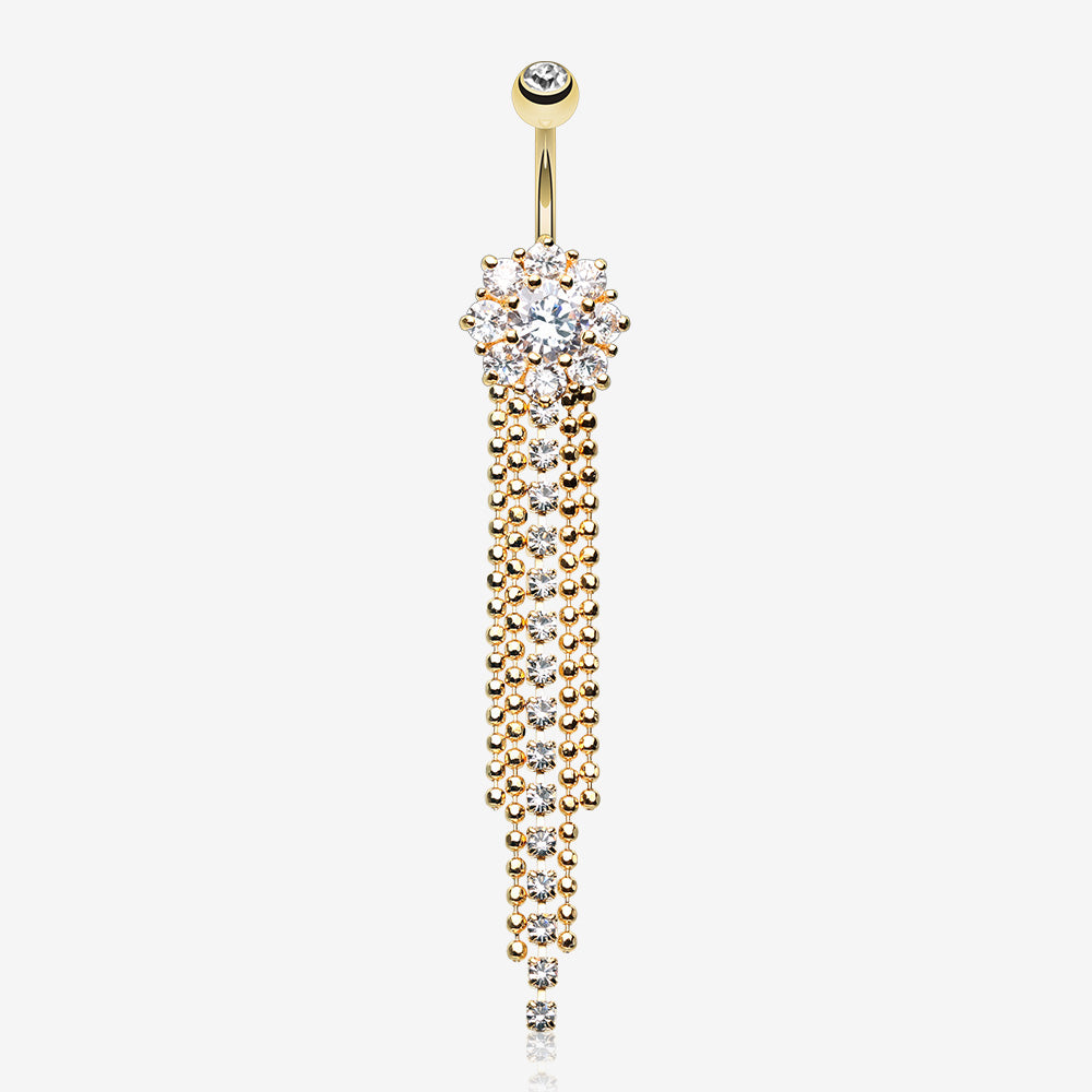 Golden Exquisite Bedazzled Cascading Belly Button Ring-Clear Gem