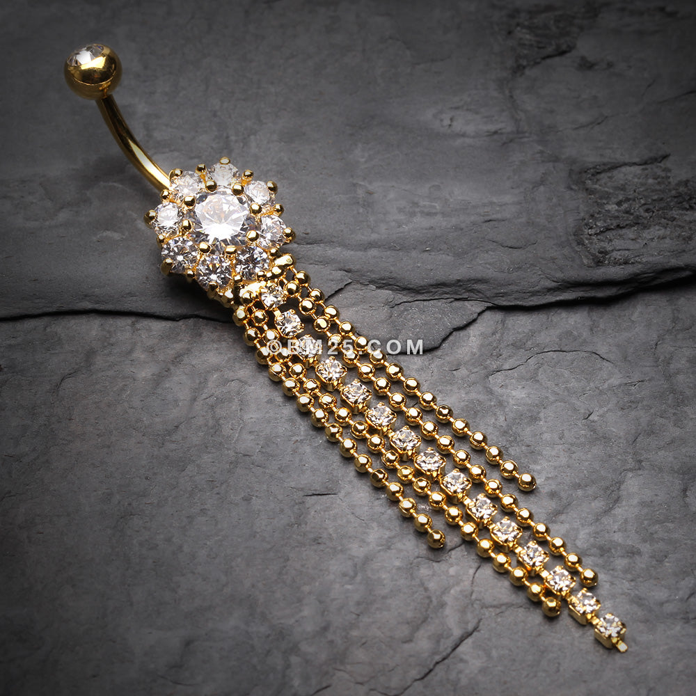 Detail View 2 of Golden Exquisite Bedazzled Cascading Belly Button Ring-Clear Gem