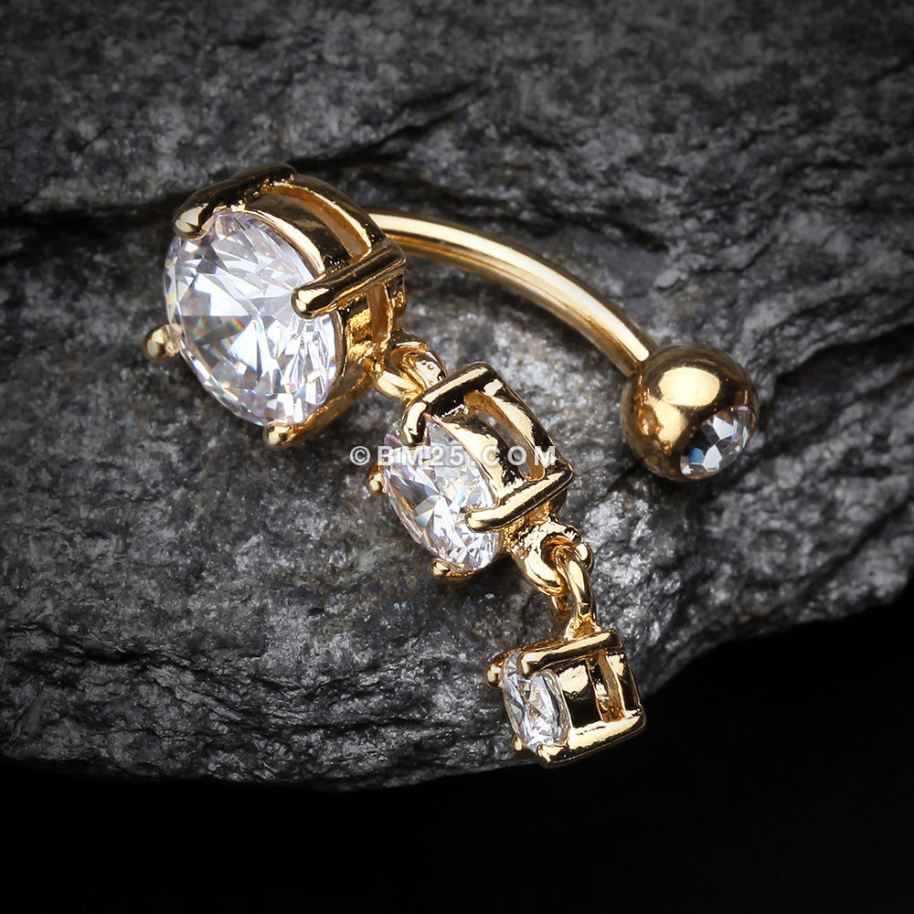 Detail View 3 of Golden Brilliant Sparkle Cascading Gem Reverse Belly Button Ring-Clear Gem