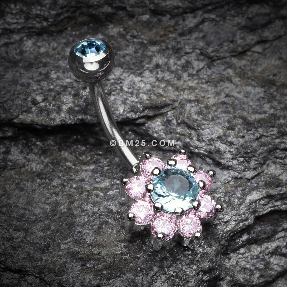 Detail View 2 of Glistening Spring Flower Sparkle Belly Button Ring-Aqua/Pink