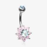 Glistening Spring Flower Sparkle Belly Button Ring-Aqua/Pink
