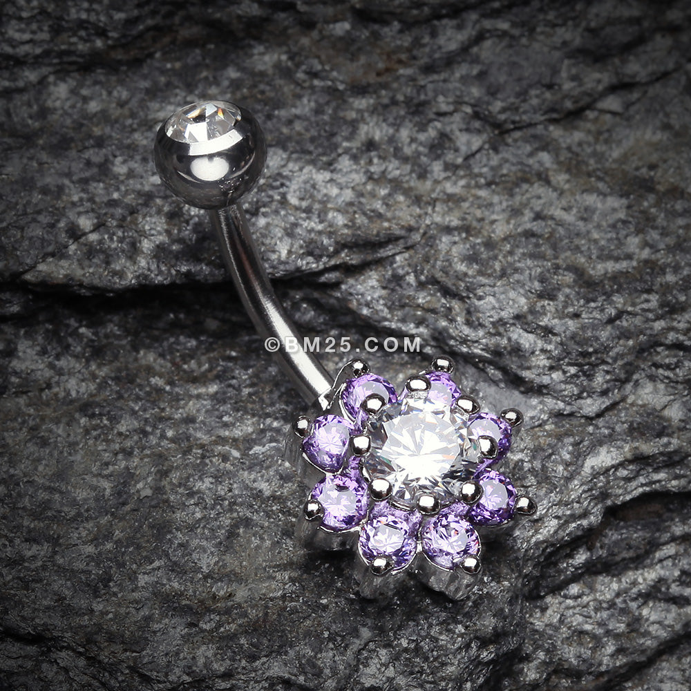 Detail View 2 of Glistening Spring Flower Sparkle Belly Button Ring-Clear Gem/Purple