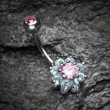 Detail View 2 of Glistening Spring Flower Sparkle Belly Button Ring-Pink/Aqua