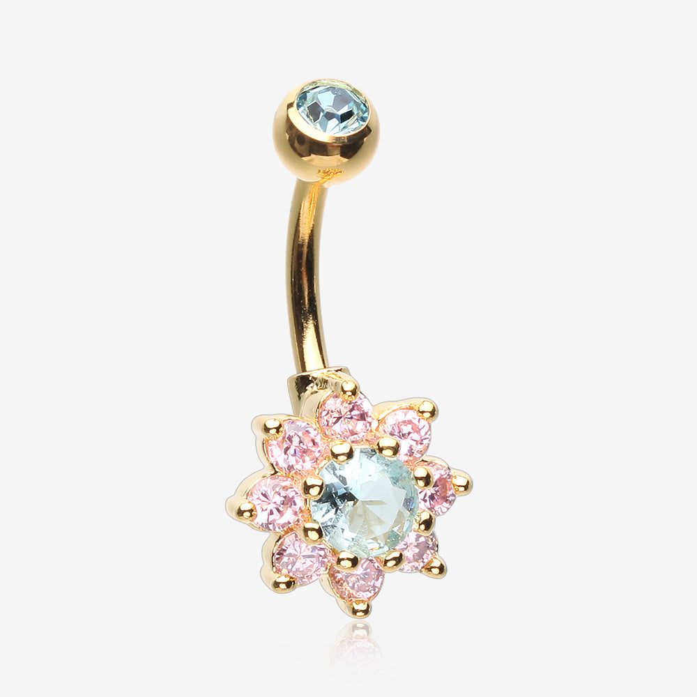 Golden Glistening Spring Flower Sparkle Belly Button Ring-Aqua/Pink