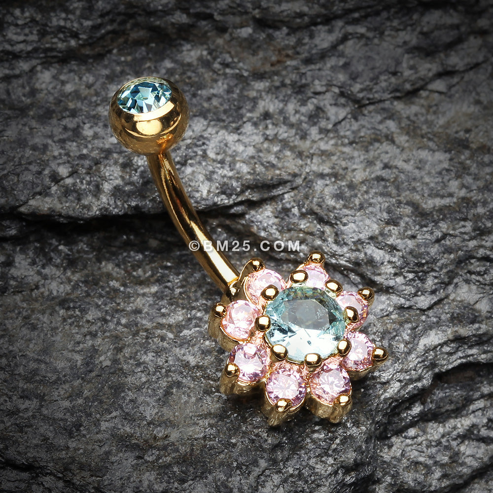 Detail View 2 of Golden Glistening Spring Flower Sparkle Belly Button Ring-Aqua/Pink