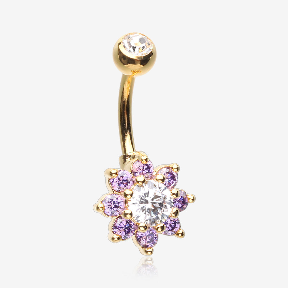 Golden Glistening Spring Flower Sparkle Belly Button Ring-Clear Gem/Purple
