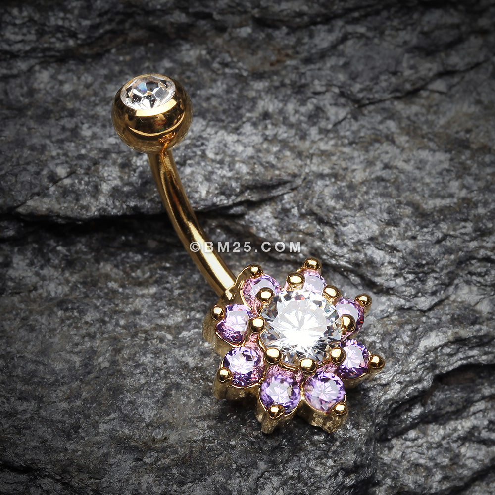 Detail View 2 of Golden Glistening Spring Flower Sparkle Belly Button Ring-Clear Gem/Purple