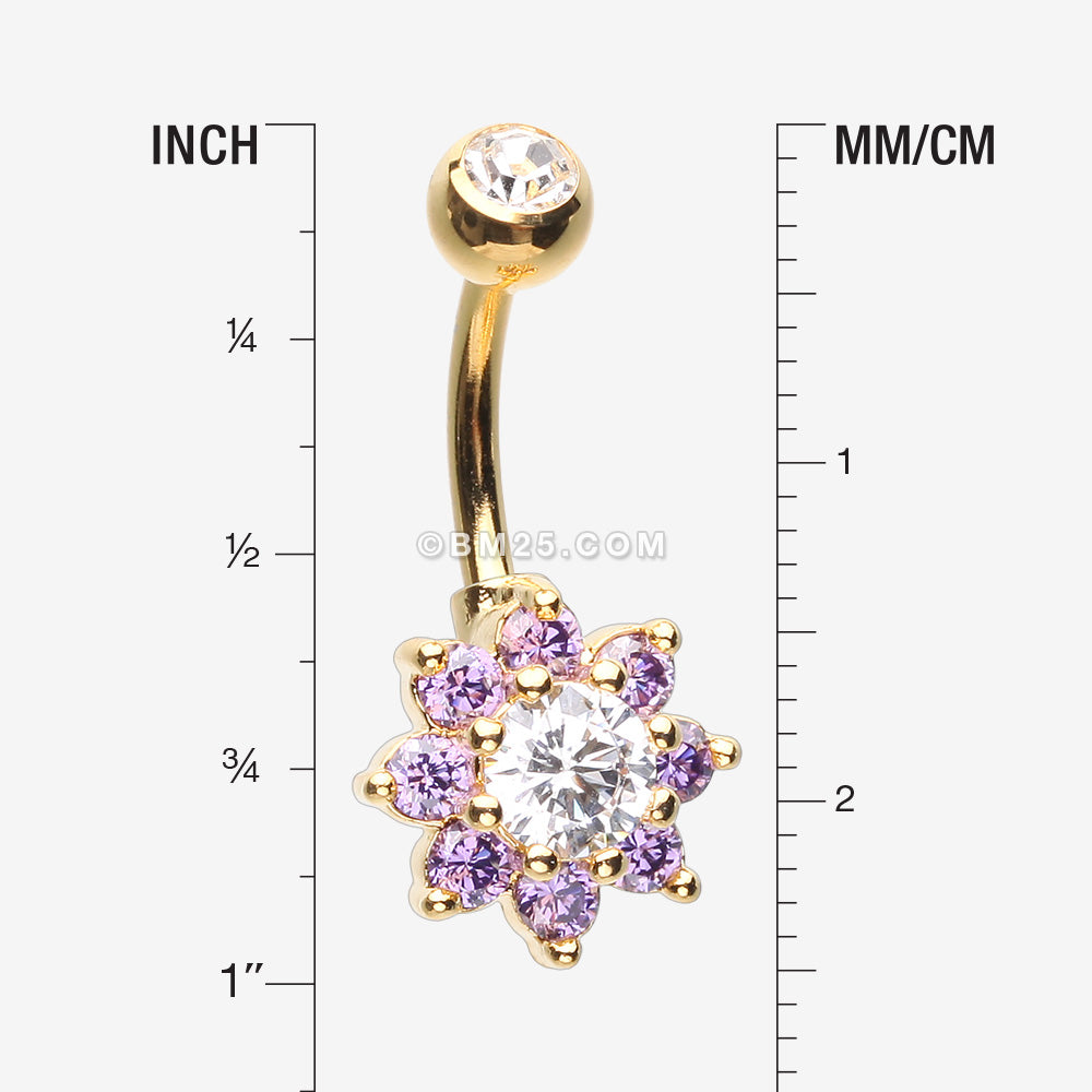 Detail View 1 of Golden Glistening Spring Flower Sparkle Belly Button Ring-Clear Gem/Purple