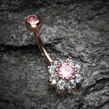 Detail View 2 of Rose Gold Glistening Spring Flower Sparkle Belly Button Ring-Pink/Aqua