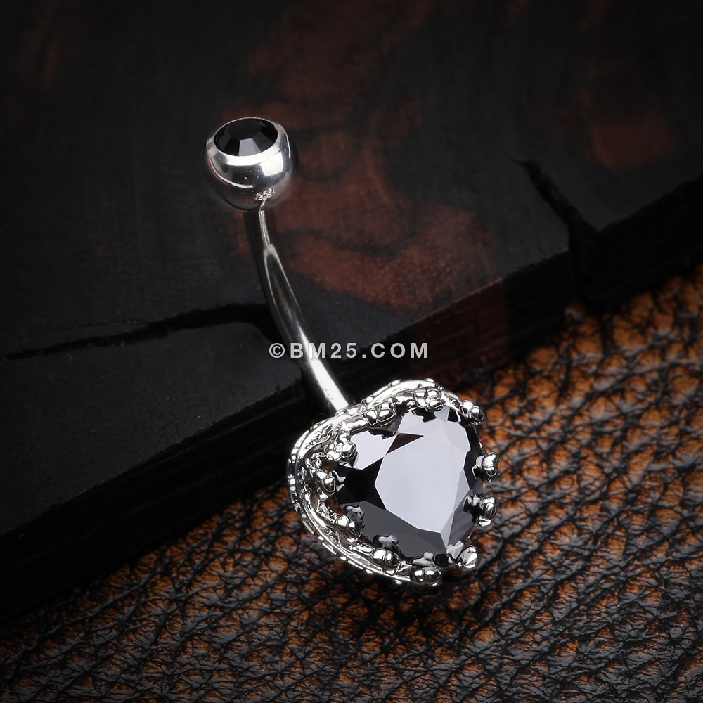 Detail View 2 of Princess Crown Prong Heart Sparkle Belly Button Ring-Black