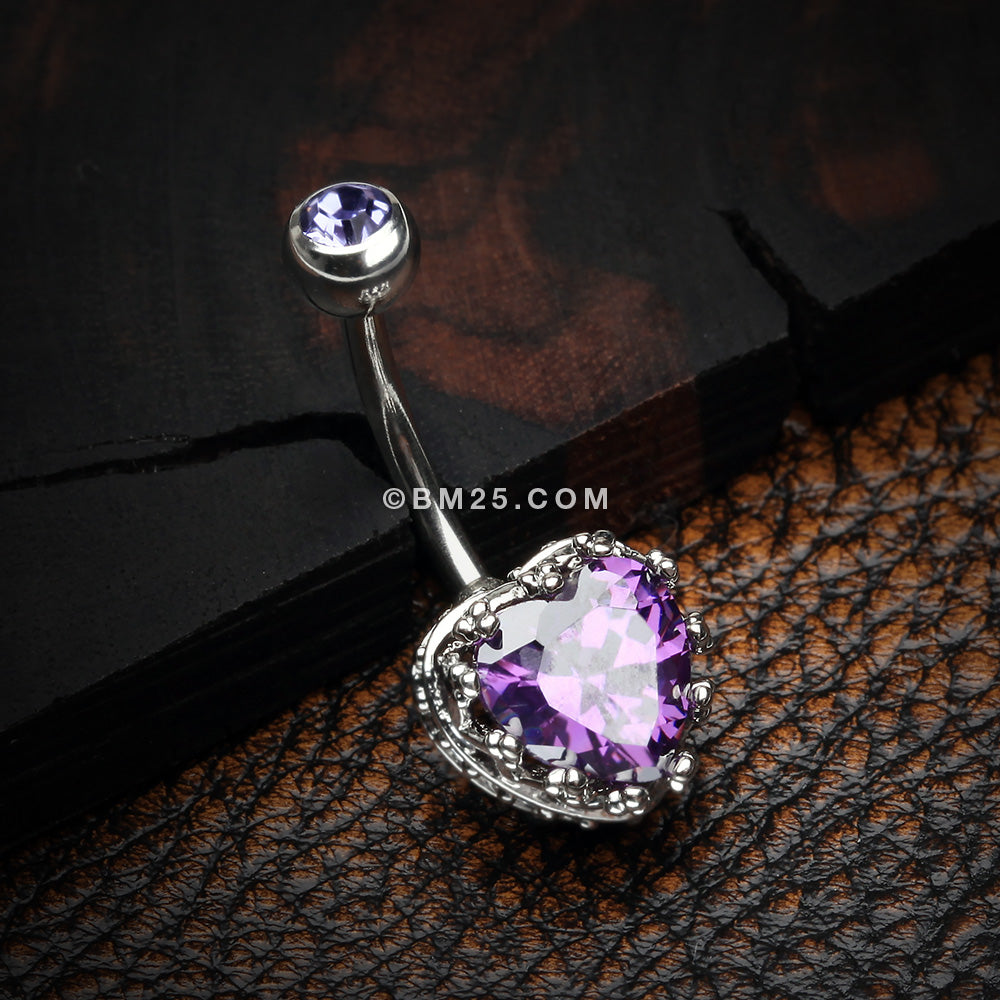 Detail View 2 of Princess Crown Prong Heart Sparkle Belly Button Ring-Purple