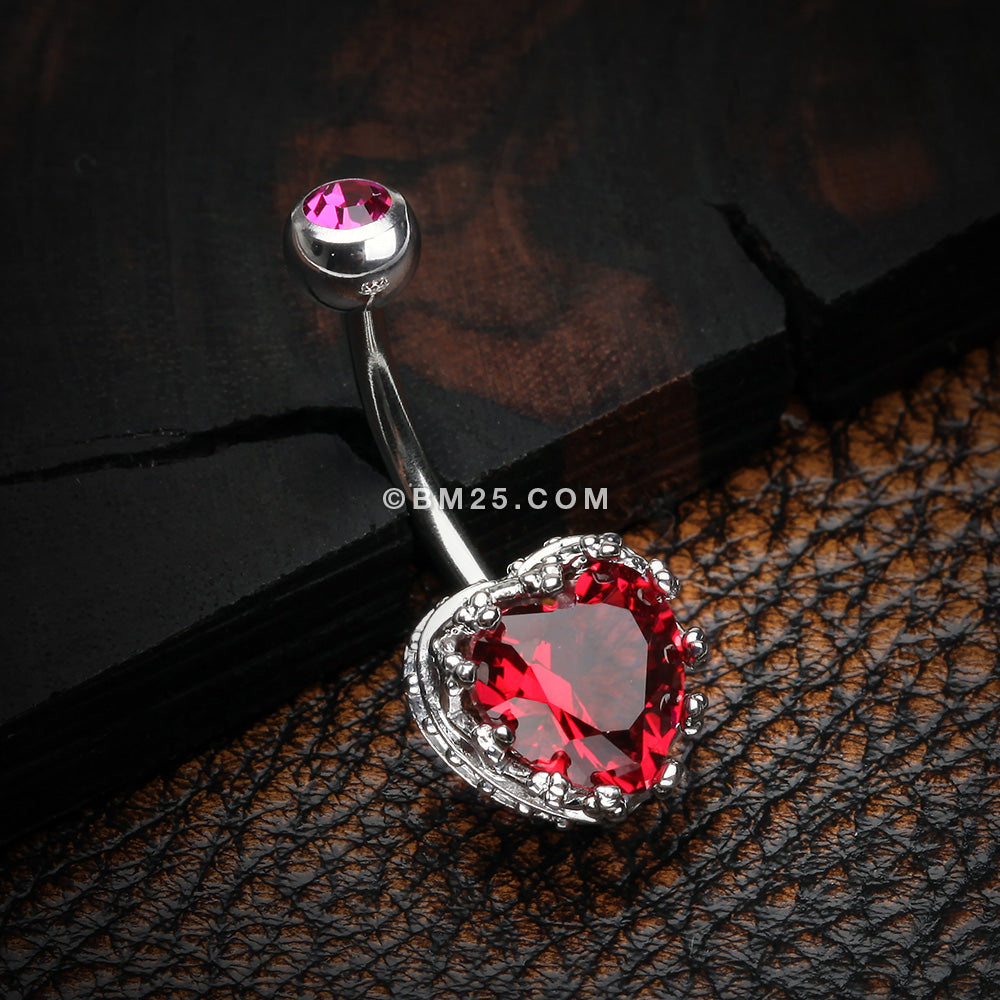 Detail View 2 of Princess Crown Prong Heart Sparkle Belly Button Ring-Red