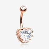 Rose Gold Princess Crown Prong Heart Sparkle Belly Button Ring-Clear Gem
