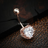 Detail View 2 of Rose Gold Princess Crown Prong Heart Sparkle Belly Button Ring-Clear Gem