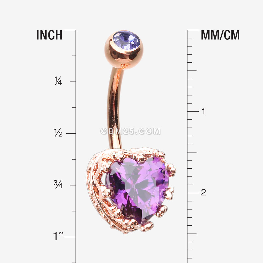 Detail View 1 of Rose Gold Princess Crown Prong Heart Sparkle Belly Button Ring-Purple