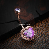 Detail View 2 of Rose Gold Princess Crown Prong Heart Sparkle Belly Button Ring-Purple