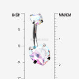 Detail View 1 of Double Heart Sparkle Prong Internally Threaded Belly Button Ring-Aurora Borealis