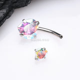 Detail View 3 of Double Heart Sparkle Prong Internally Threaded Belly Button Ring-Aurora Borealis