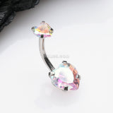 Detail View 2 of Double Heart Sparkle Prong Internally Threaded Belly Button Ring-Aurora Borealis