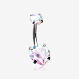 Double Heart Sparkle Prong Internally Threaded Belly Button Ring