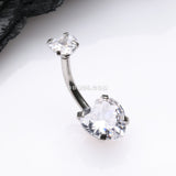 Detail View 2 of Double Heart Sparkle Prong Internally Threaded Belly Button Ring-Clear Gem