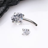 Detail View 3 of Double Heart Sparkle Prong Internally Threaded Belly Button Ring-Clear Gem