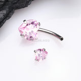 Detail View 3 of Double Heart Sparkle Prong Internally Threaded Belly Button Ring-Pink
