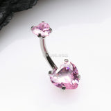 Detail View 2 of Double Heart Sparkle Prong Internally Threaded Belly Button Ring-Pink