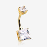 Golden Classic Square Prong Set Gem Belly Button Ring-Clear Gem