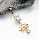 Detail View 2 of Golden Royal Princess Crown Sparkle Belly Button Ring-Clear Gem