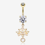 Golden Royal Princess Crown Sparkle Belly Button Ring-Clear Gem