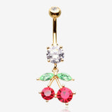 Golden Luscious Cherry Sparkle Belly Button Ring-Clear Gem/Red