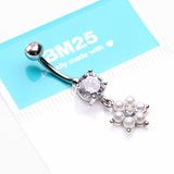 Detail View 3 of Pearlescent Spring Flower Sparkle Dangle Belly Button Ring-Clear Gem/White