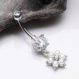 Detail View 2 of Pearlescent Spring Flower Sparkle Dangle Belly Button Ring-Clear Gem/White