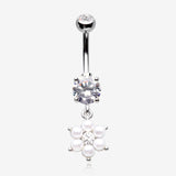 Pearlescent Spring Flower Sparkle Dangle Belly Button Ring-Clear Gem/White