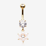 Golden Pearlescent Spring Flower Sparkle Dangle Belly Button Ring-Clear Gem/White