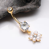 Detail View 2 of Golden Pearlescent Spring Flower Sparkle Dangle Belly Button Ring-Clear Gem/White