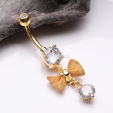 Detail View 2 of Golden Dainty Bow-Tie Prong Gem Sparkle Belly Button Ring-Clear Gem