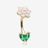 Golden Blooming Sparkle Spring Flower Belly Button Ring-Clear Gem/Pink/Green