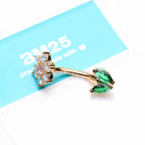 Detail View 3 of Golden Blooming Sparkle Spring Flower Belly Button Ring-Clear Gem/Pink/Green
