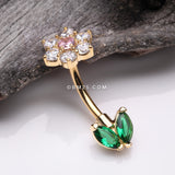 Detail View 2 of Golden Blooming Sparkle Spring Flower Belly Button Ring-Clear Gem/Pink/Green